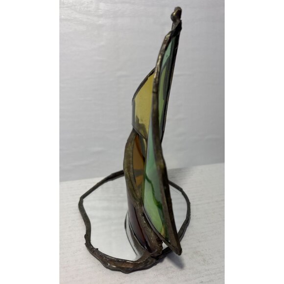Stained Glass Sailboat Mirrored Base 6" Tall Green Yellow Brown Beach Lakehouse - Picture 5 of 8